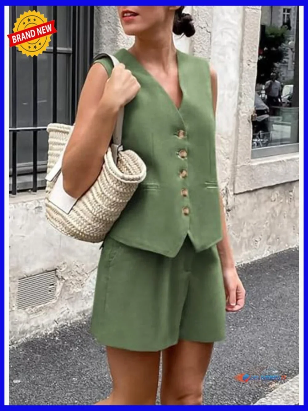 Sleeveless 2 Piece Shorts Set V Neck Vest with Pockets Summer Matching Outfit